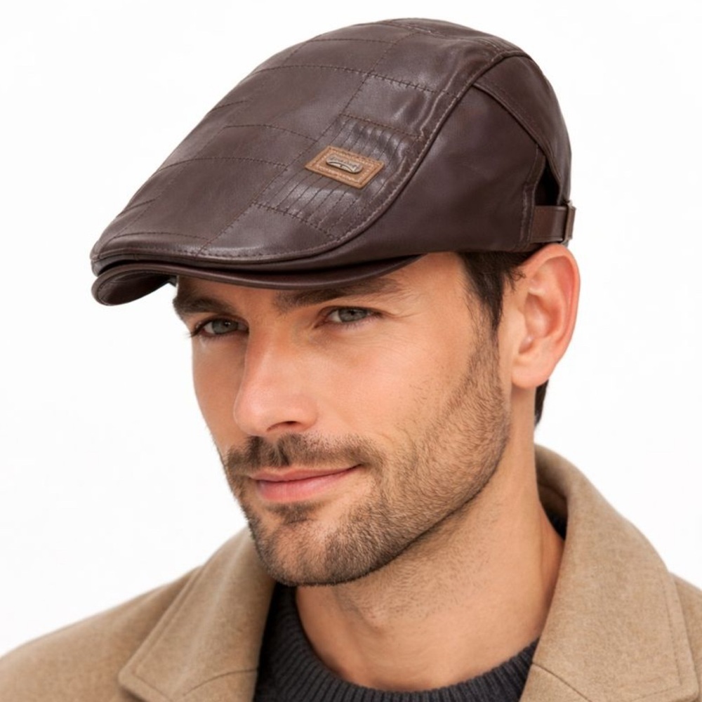 Men’s Brown Faux Leather Flat Cap Quilted Newsboy Ivy Hat Adjustable Classic